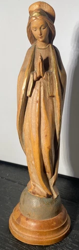 *** VINTAGE NUNS CONVENT ITALY WOOD-CARVED PRAYING VIRGIN MARY FIGURE 7.875"