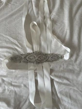 Wedding Bridal Dress Belt Sash With Silver Rhinestones On Ivory Ribbon 4’5” L