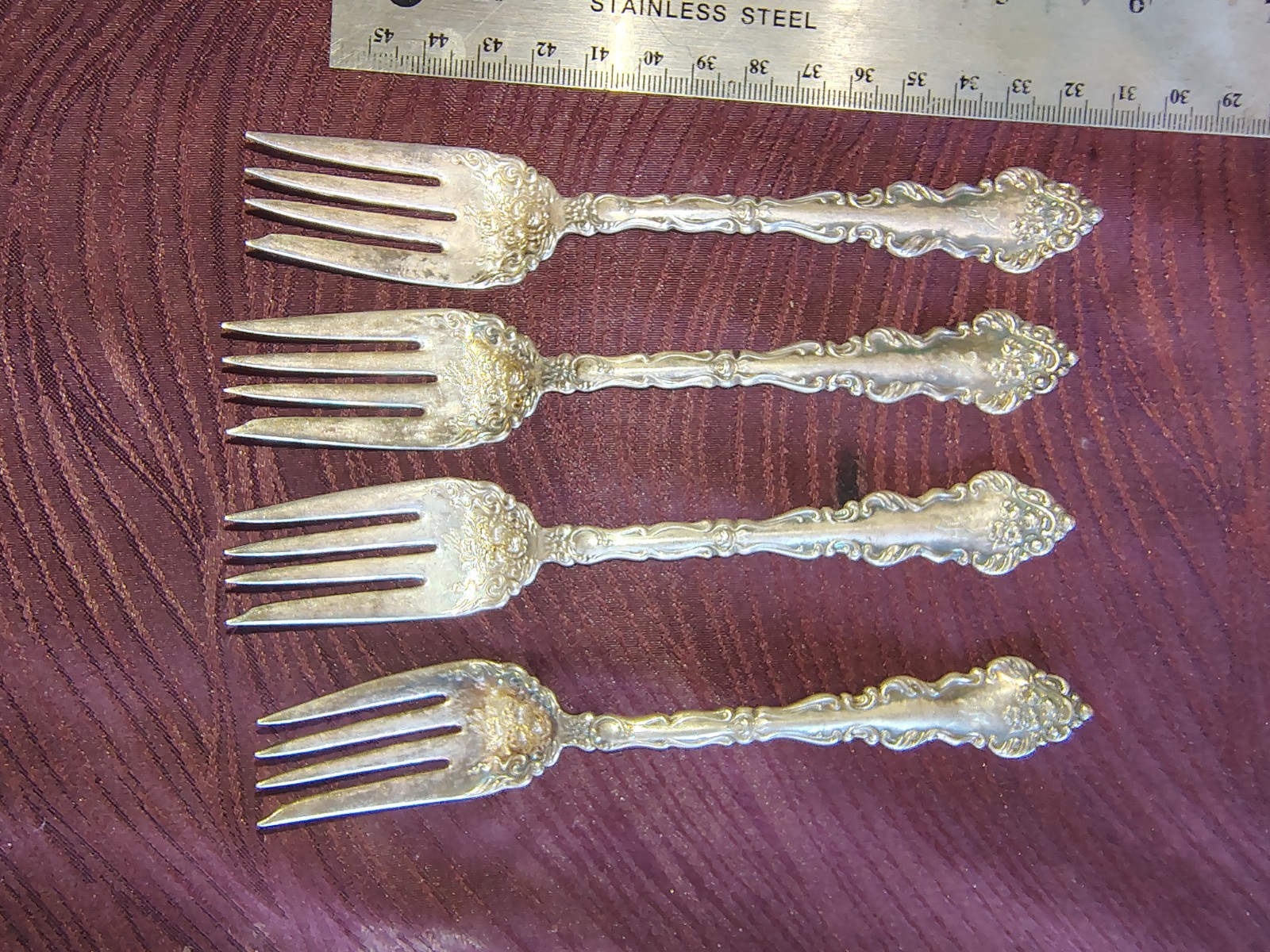 4 Holmes Edwards XIV Lafayette Pattern Salad Forks  Ornate Design Jewelry 1908
