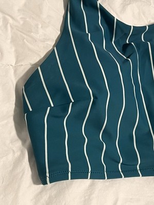 Cupshe Women s 2-Piece Halter Bikini Teal/White Striped Ruched Size L