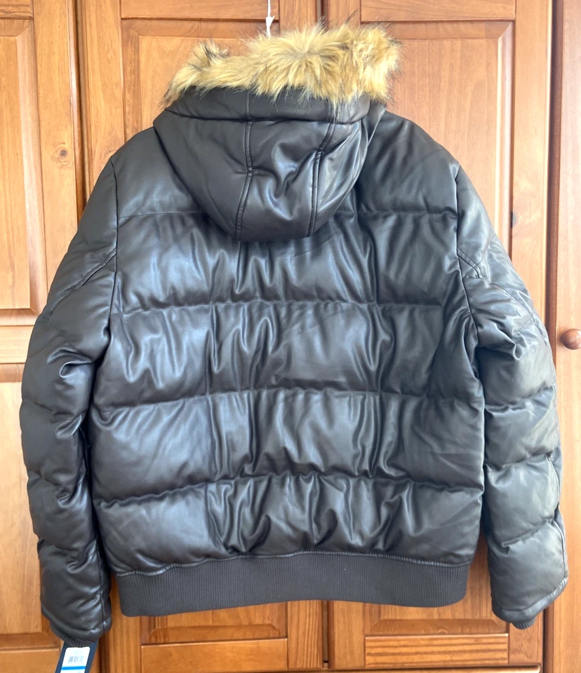 Tommy Hilfiger  Brown Faux Leather Short Snorkel Faux Fur Hood Jacket  XL   $325 - Image 2 of 4