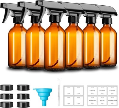 8oz Amber Glass Spray Bottles,6 Pack Glass Spray Bottles Refillable Empty Bottle