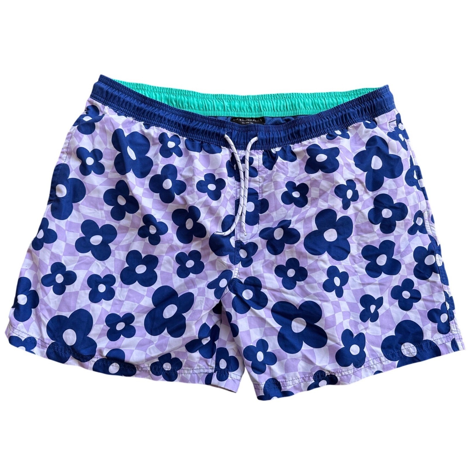 Mens Floral Checkerboard Swim Trunks Purple Blue Board Shorts Drawstring Waist