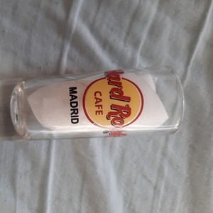 Hard Rock Cafe 4" Cordial Shot Glass Madrid Black Letter Keyhole Bottom. New