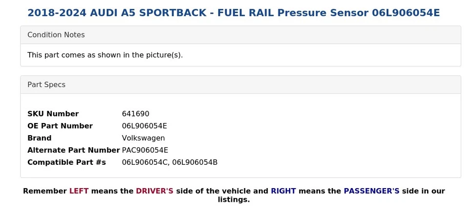 2018-2024 AUDI A5 SPORTBACK — датчик давления топливной рейки 06L906054E - Изображение 3 из 3