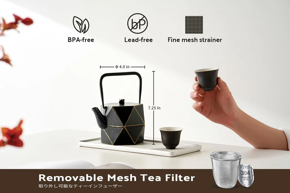 Cast Iron Teapot, Stovetop Safe Japanese Cast Iron Tea Kettle, Diamond Design... - Image 4 of 4