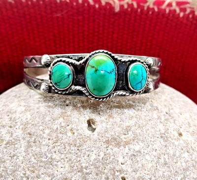OLD Vtg Native American Navajo 3-Stone Royston Turquoise Stamped Silver Bracelet