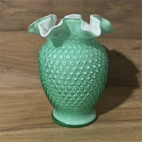 “Green Apple Overlay Fenton 6” Hobnail Vase, UV Reactive