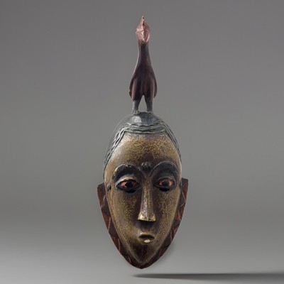 Vintage 12.5  Wood Carved African Baule Guro Mask W Mounted Bird Ivory Coast