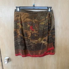 Vintage Silk Equestrian Print Skirt | Bushwacker Hunt Scene Skirt Sz 14