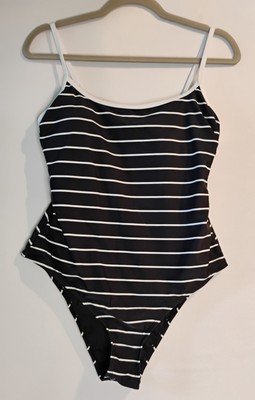 CUPSHE  One Pc Swimsuit size Large Black w/White Stripes Adjustable Straps NWT