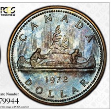 1972 S$1 PCGS SP66 Canada Voyageur Ag tonalità blu fluo!