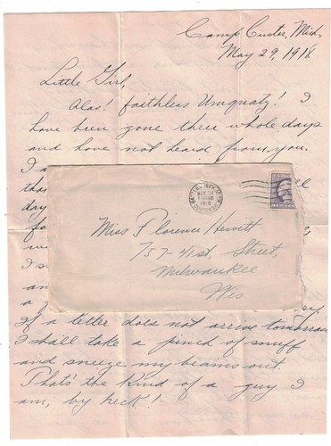 ANTIQUE 1918 WWI COVER & 4 PAGE LOVE LETTER CAMP CUSTER MICHIGAN TO MILWAUKEE
