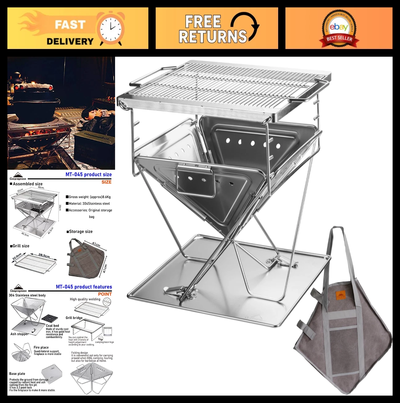 Foldable Stainless Steel BBQ Grill Fire Pit - Large Portable Camping Cooker