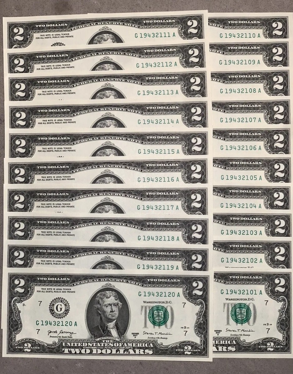10) NEW $2 Bills Consecutive Serial Number 2017A Two Dollar Notes