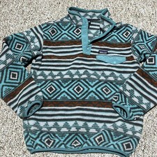 Patagonia Sweater Girls XL 14 Blue Synchilla Aztec Print Snap T Great Cond.