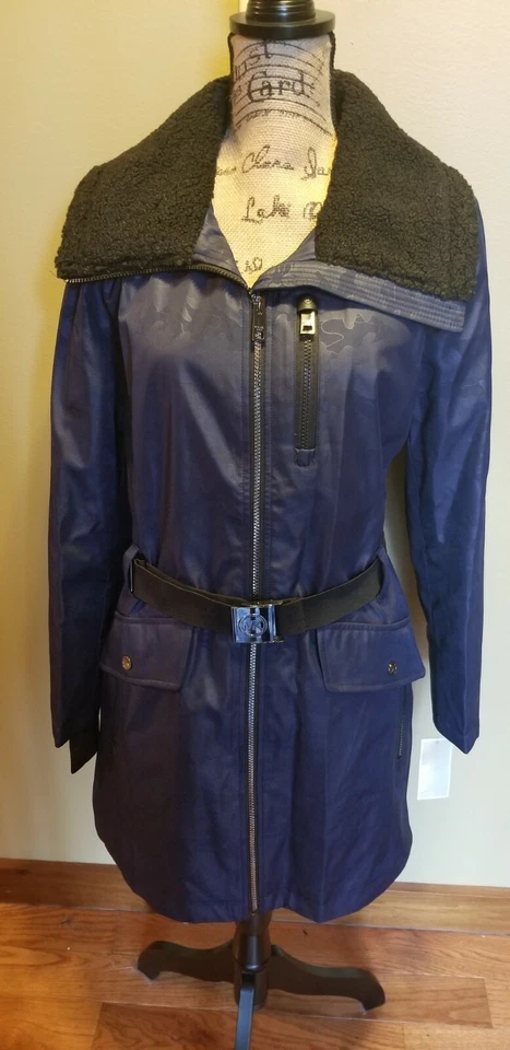 Gabardina Michael Kors para mujer con cinturón imitación cuello sherpa azul marino L nueva con etiquetas