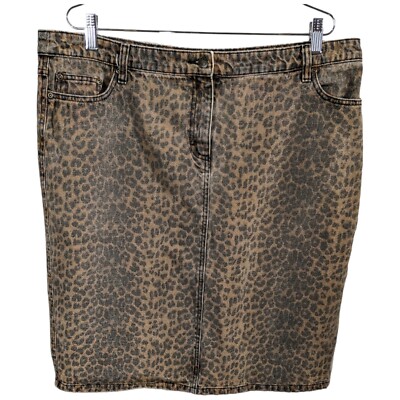 Leopard Skirt Denim Sz 18 Cheetah Print Jean Back Slit Short Dress High Waist 40