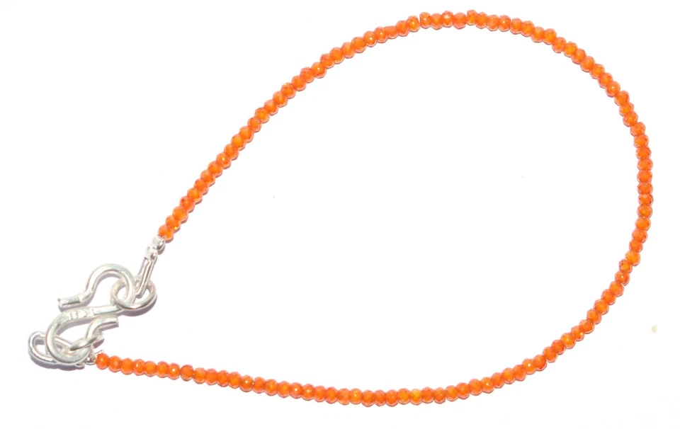 925 Fine Silver Orange Zircon Gemstone 2 mm Round Beads 10" Strand Bracelet G-19 - Image 4 of 4