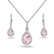 Teardrop Simulated Morganite & White Topaz Halo 925 Silver Necklace & Earrings