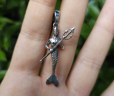 Merman with Trident Pendant STERLING SILVER 925 Triton God of the Sea and Waves