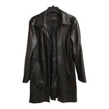 Express Womens Black Zip Up Notch Collard 100% Leather Trench Coat Size 7/8