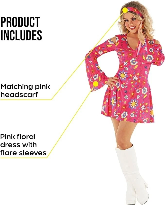 Mujer Rosa Hippie Disfraz Damas Años 60 70 Hippy Vestido S - 3XL Disco Groovy Bebé Foto 3 de 4