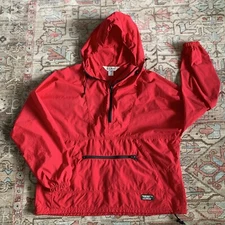 LL Bean Jacket Women Large Vtg 80s Windbreaker Red Anorak 1/4 Zip Mountain Logo