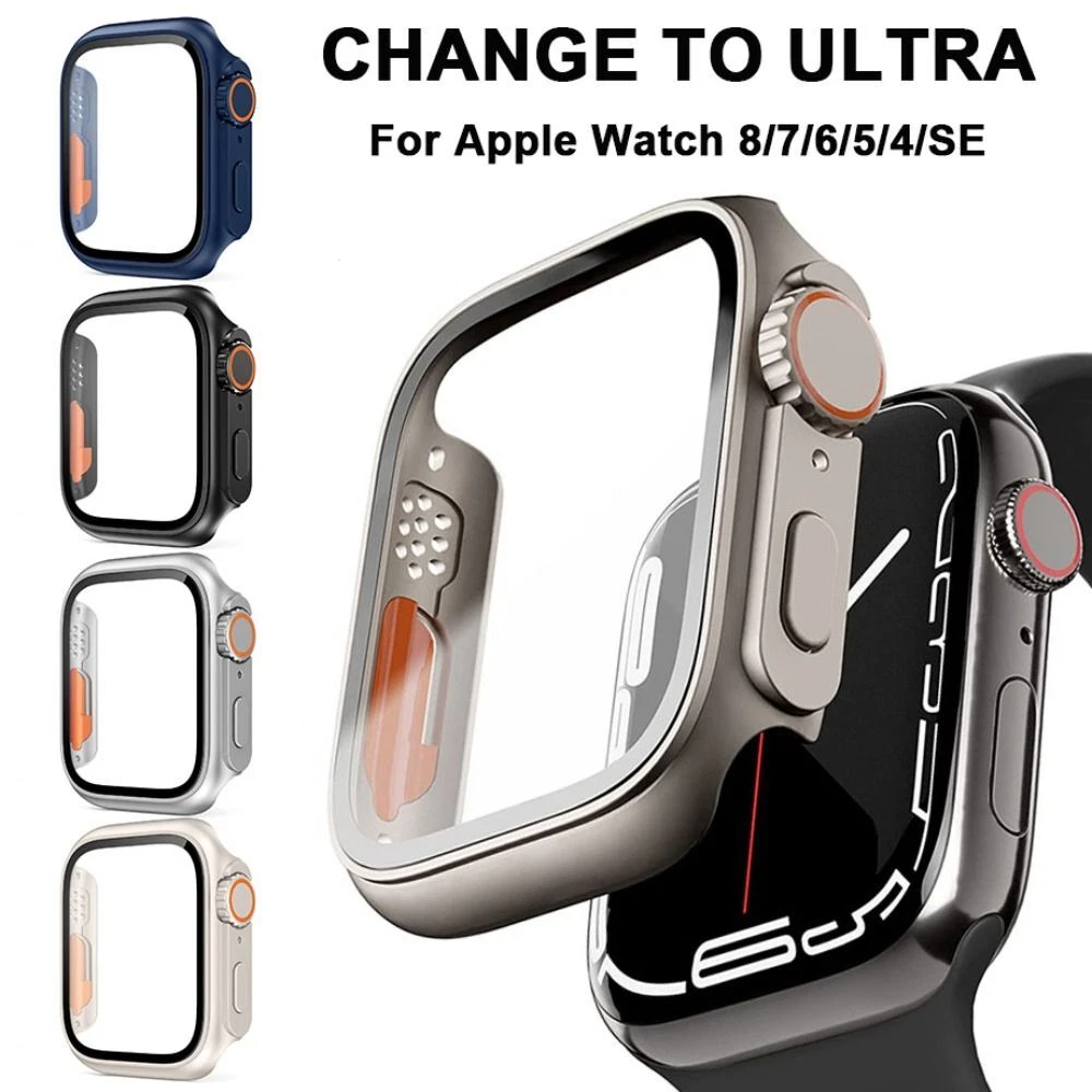 Change to Ultra Case For Apple Watch Series 8 7 6 5 4 SE 40 44 41 45 Glass Cover