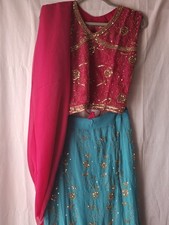 Handmade Indian 3 Pc Choli  Lehenga Sequin Embroidered Set Adj Waist Blue Pink