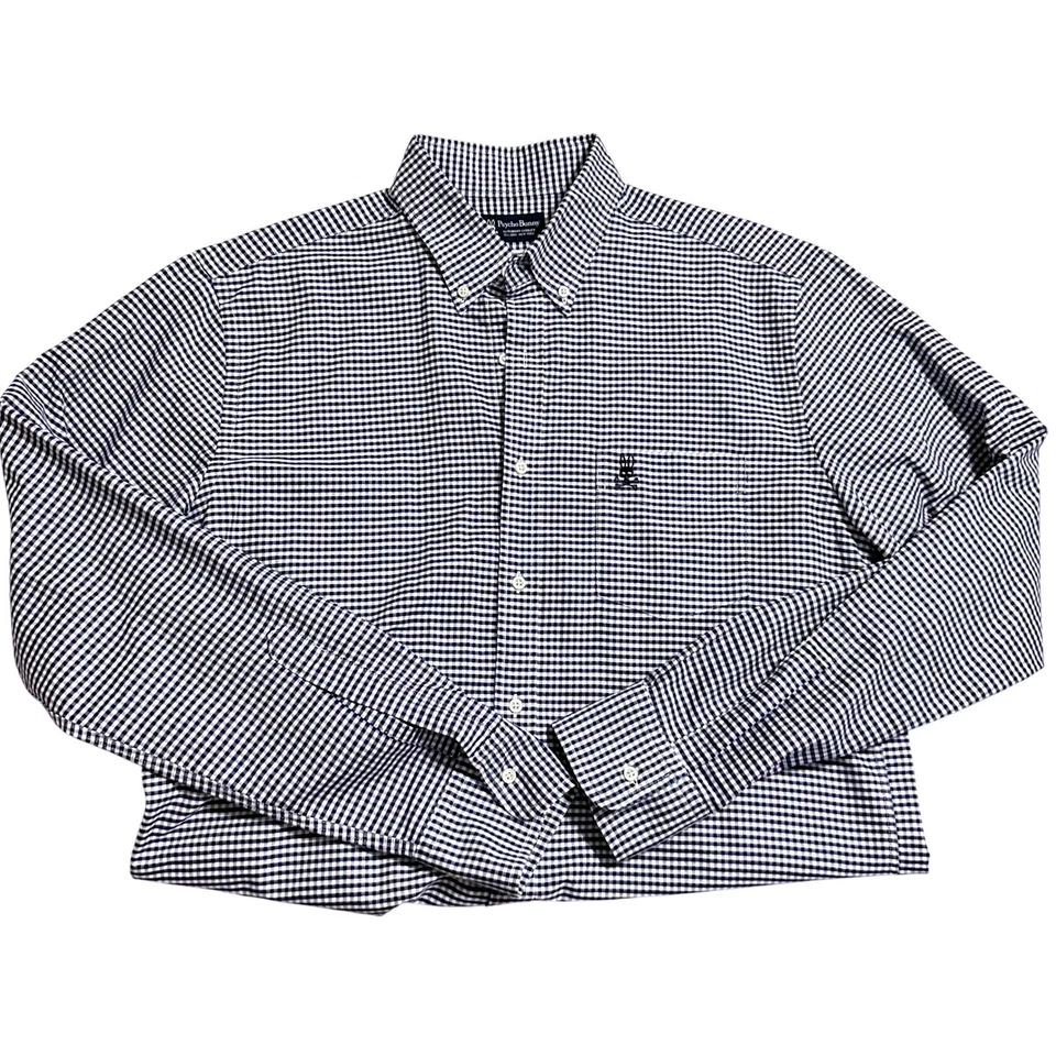 Camisa Psycho Bunny Para Hombres Guinga Abotonada Manga Larga Azul Blanco Talla Grande Foto 2 de 4