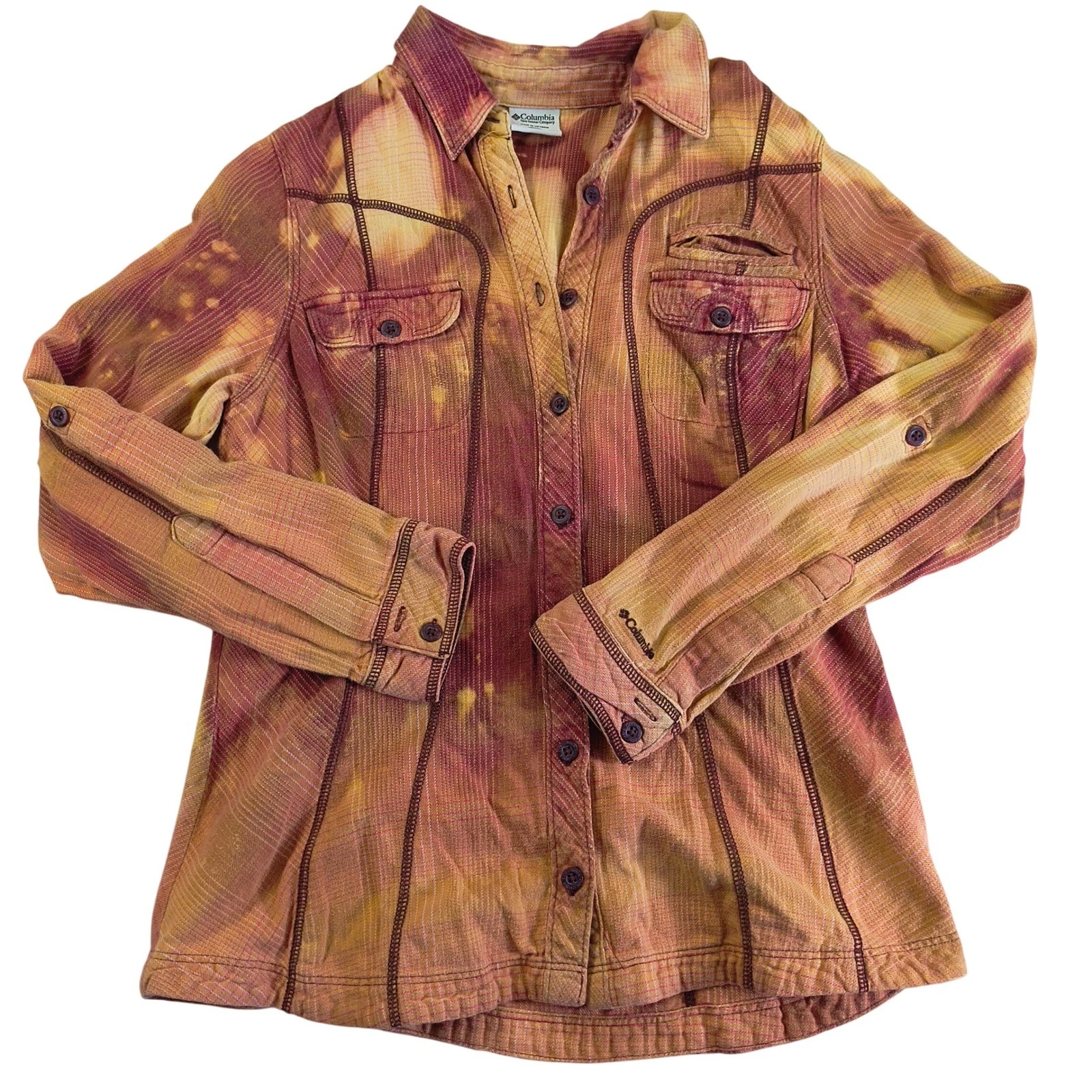 Columbia Button Down Shirt Bleach Tie Dye Flannel Outdoor Western Style M