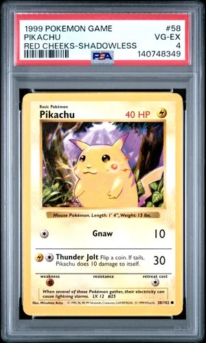 1999 POKEMON BASE SET RED CHEEKS-SHADOWLESS #58 PIKACHU PSA 4