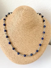 David Yurman .925 Sterling Silver Lapis Lazuli 6mm Rosary Bead Necklace 20"