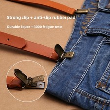 Quality Vintage Cowhide Genuine Leather Straps Suspenders Braces 3 Metal Clips