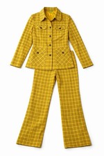 Vintage Yellow Plaid 2 Piece Set XS Jacket  Pants Retro 70s Mod Clueless Blazer