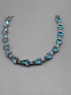 Vintage 925 Sterling Silber 7 1/2 Zoll Armband Aqua und klare Steine