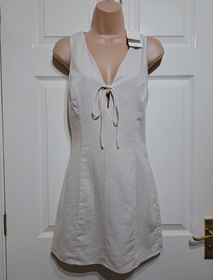 Mango MNG Minikleid Leinenmischung XS beige vorne zum Binden ärmellos gefüttert neu mit Etikett 