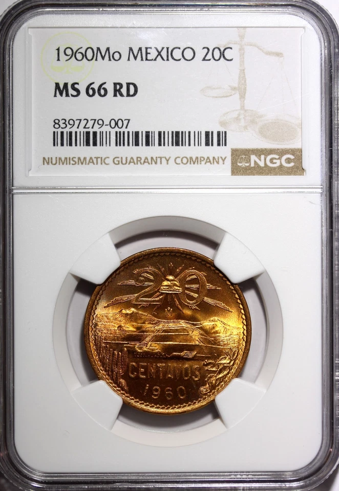 MÉXICO Bronce 1960 Mo 20 Centavos NGC MS66 RD BONITO ROJO COMPLETO BU KM# 440 (007) Foto 2 de 4