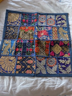 1 Vintage blau Kissenbezug Patchwork Goldfaden Stickerei Perlen Ethno + Reißverschluss