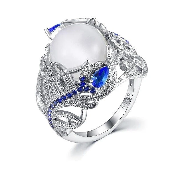 Design de penas de luxo com safira azul brilhante e anel de festa de pérola branca - Imagem 3 de 4