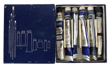 VTG Grumbacher  6 Tubes Blue & Gray Oil Paint Rare Gainsborough Box