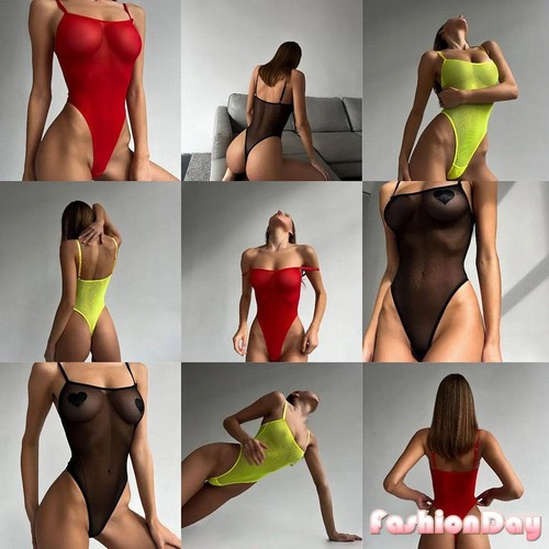 Sexy Womens One Piece Bodysuit Jumpsuit See Through Mesh Romper Club Partywear