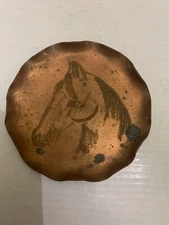 Antique Primitive Copper Horse Head Graphic Ashtray