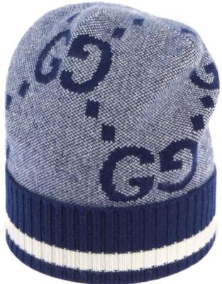 NEW GUCCI JUMBO GG BLUE WHITE 100% CASHMERE BEANIE HAT MEDIUM