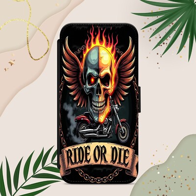 Totenkopf Biker Ride or Die Flip Wallet Handy Hülle Cover für iPhone Samsung Pixel