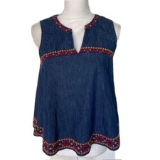 Gap Crop Top Womens Size XS Blue Denim Sleeveless Embroidered V Neck Red Cotton