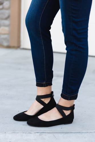 black ballet flat with ankle strap