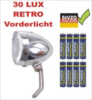 30 Lux Fahrrad Retro Vorderlicht Batteriebetrieben Stvzo Chrom Hollandrad+8Varta