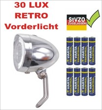30 LUX Fahrrad Retro Vorderlicht batteriebetrieben StVZO Chrom Hollandrad+8Varta